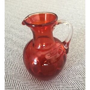 Vintage Red Crackle Glass Mini Pitcher~Hand Blown Art Glass~Applied Clear Handle